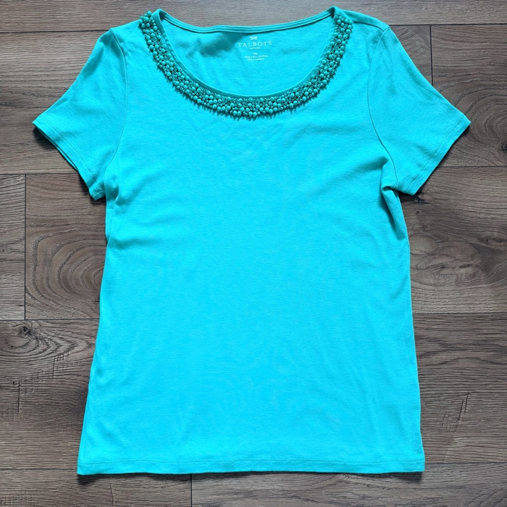 Talbots Petite MP Aqua Beaded Scoop Neck‎ Tee 100% Pima Cotton Short Sleeve